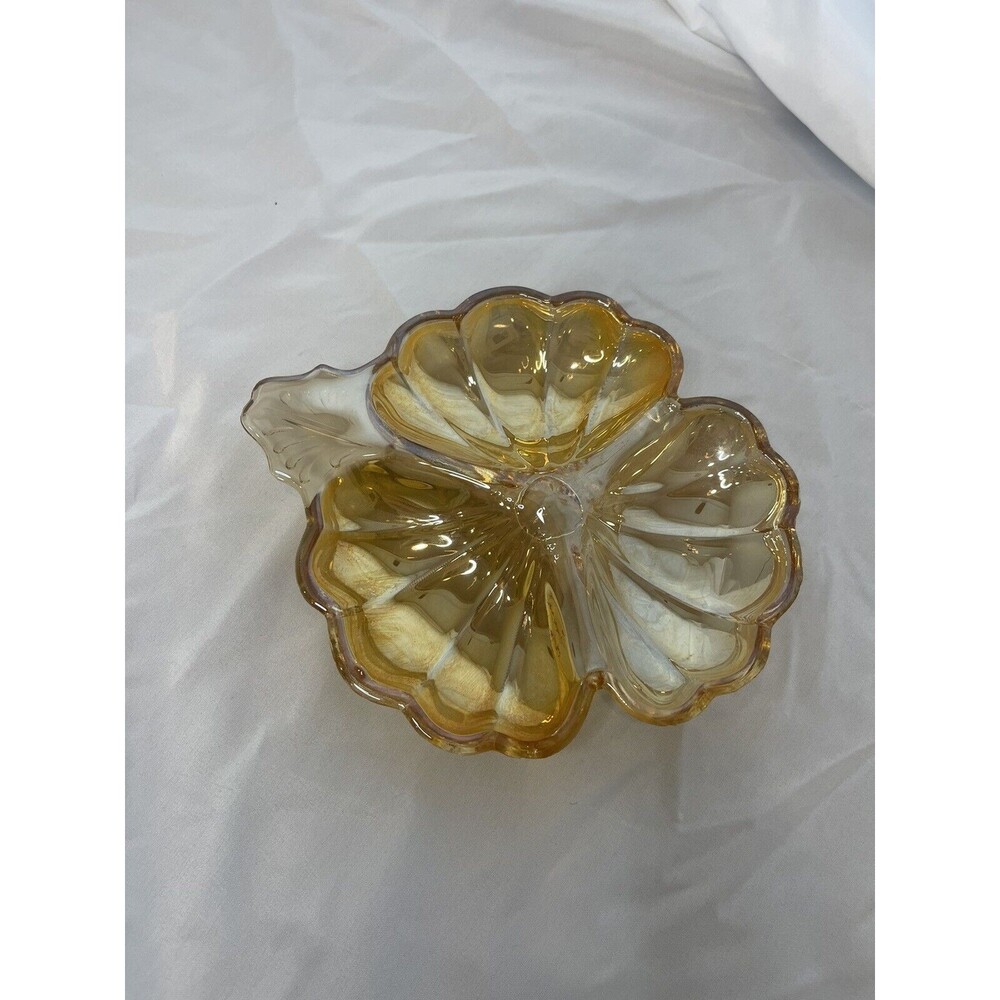 Vintage Jeannette Opalescent Amber Marigold Carnival Glass Shamrock Candy Dish**